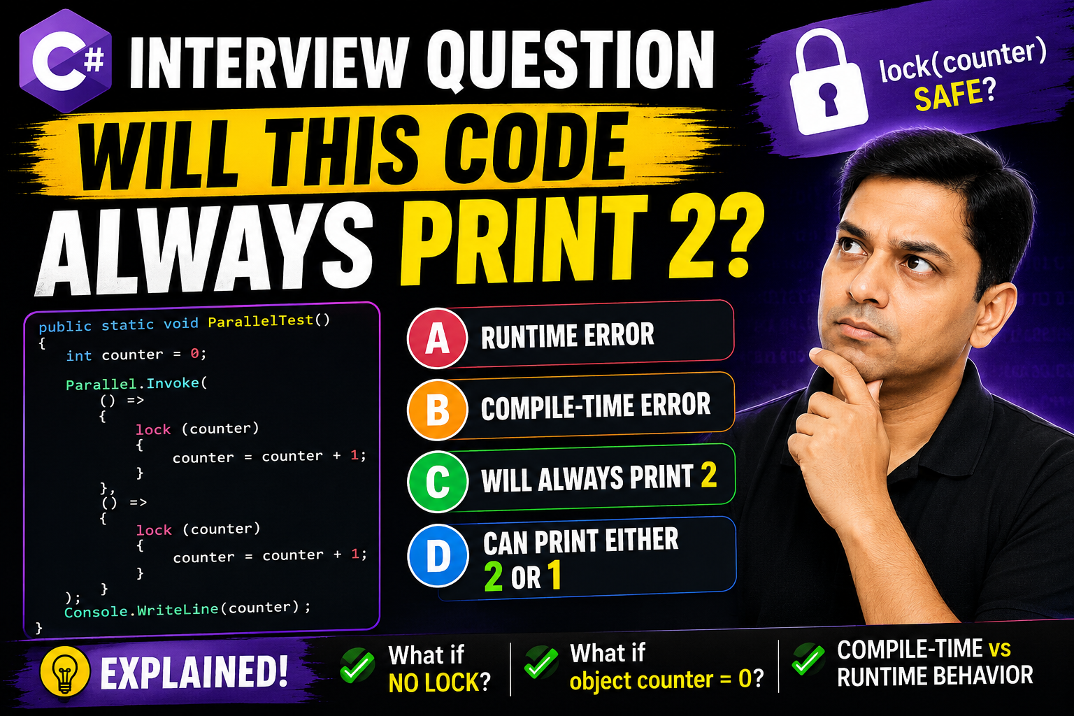 C# Interview Question on Parallel.Invoke, lock and Thread Safety